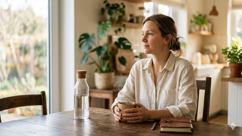 junge frau sitzt mit einer tasse tee am schreibtisch und blickt aus dem fenster