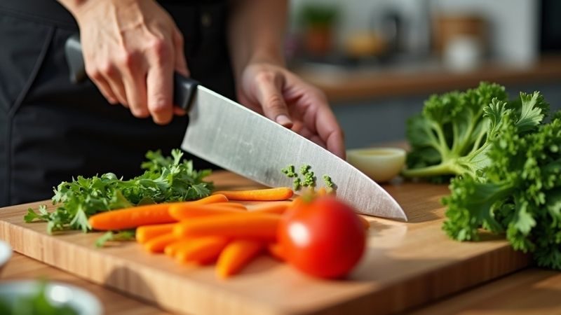 grosses küchenmesser schnipselt buntes gemüse